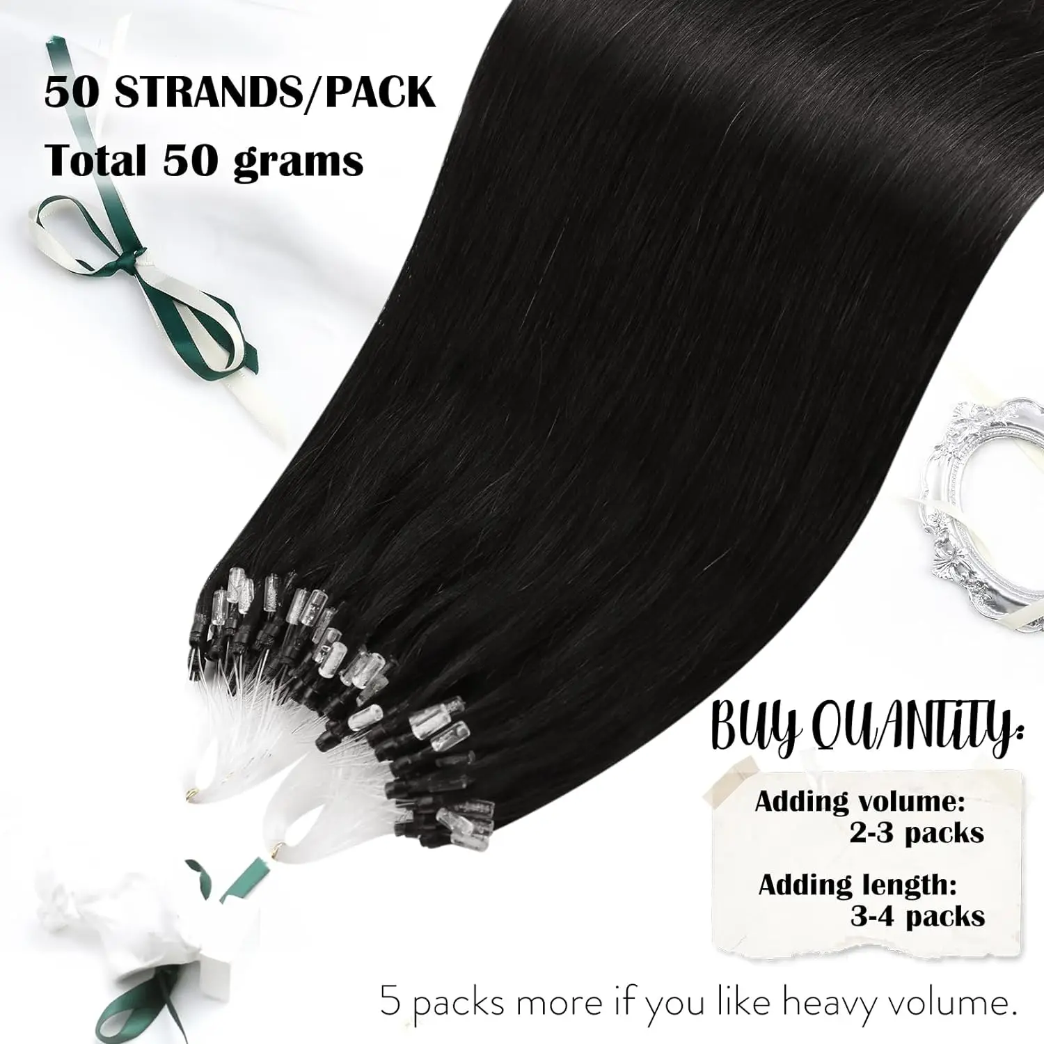 Fish Line Micro Ring Loop Hair Extensions 16-26 inch Remy Human Hair Extension 1g/Strand 50g Straight Natural Color 1B For Women