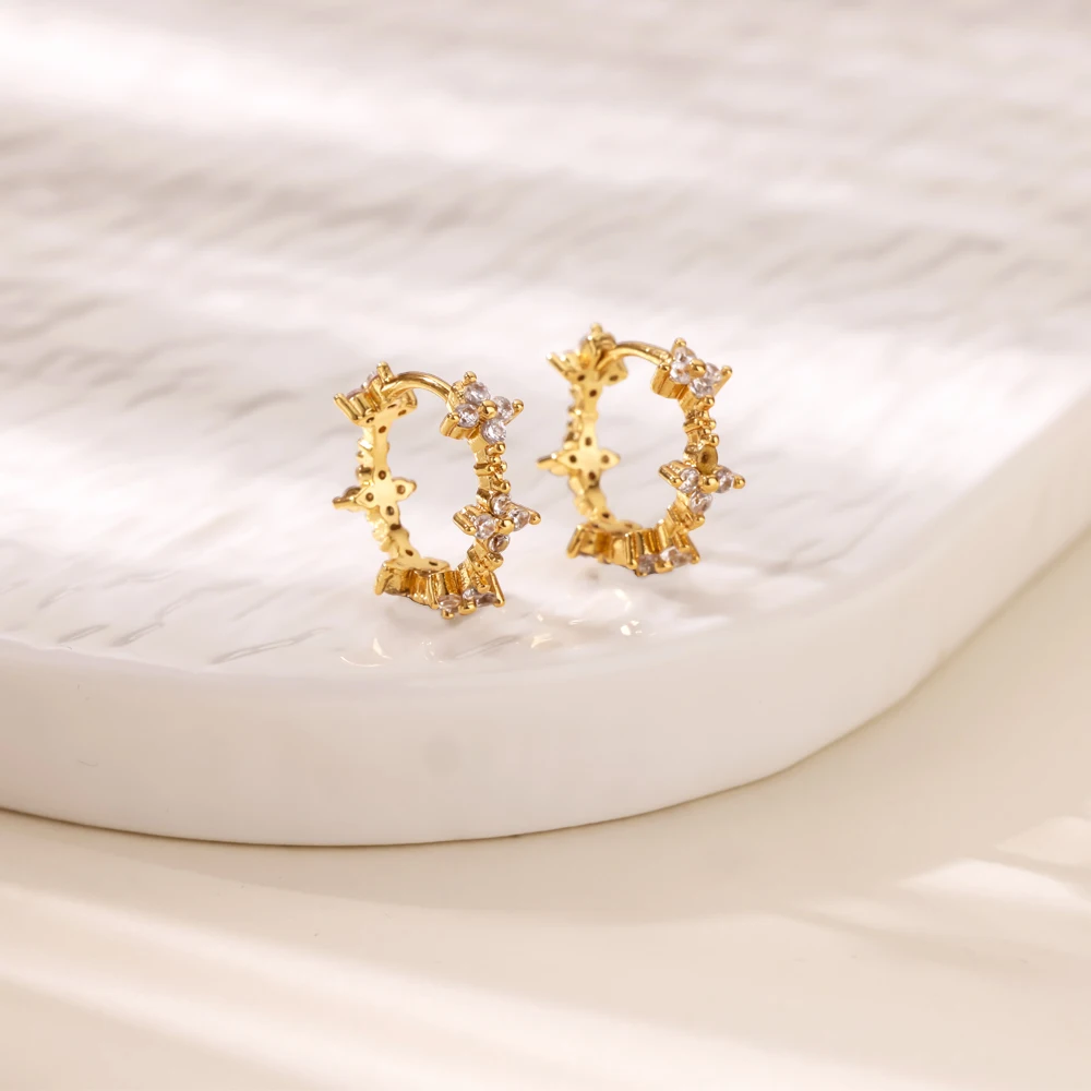 Shiny Zircon Four Leaf Clover Earrings Gold Metal Hoop Earrings