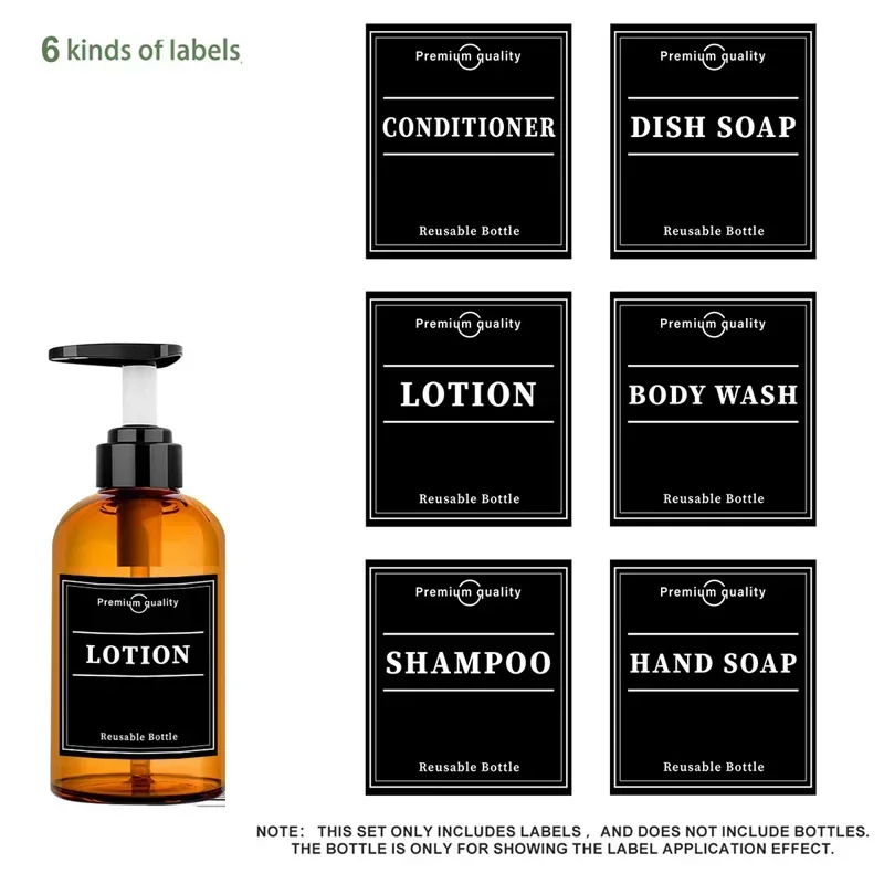 Shower Bottle Sticker Waterproof 6PCS Soap Dispenser Label Black Lotion Label Shampoo Conditioner Body Wash Bathroom Accessories bathroom labels sticker set