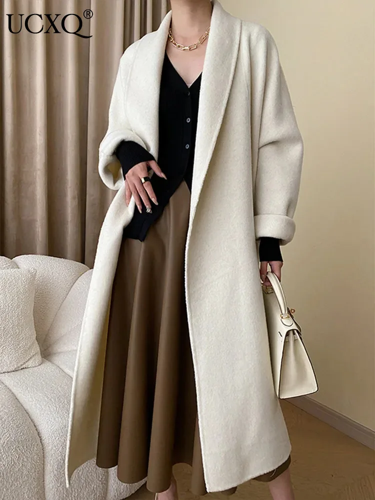 

UCXQ High Quality Wool Button-free Double-sided Tweed Cardigan Jacket Outerwear Woolen Mantel Coats Woman 2023 Autumn Winter