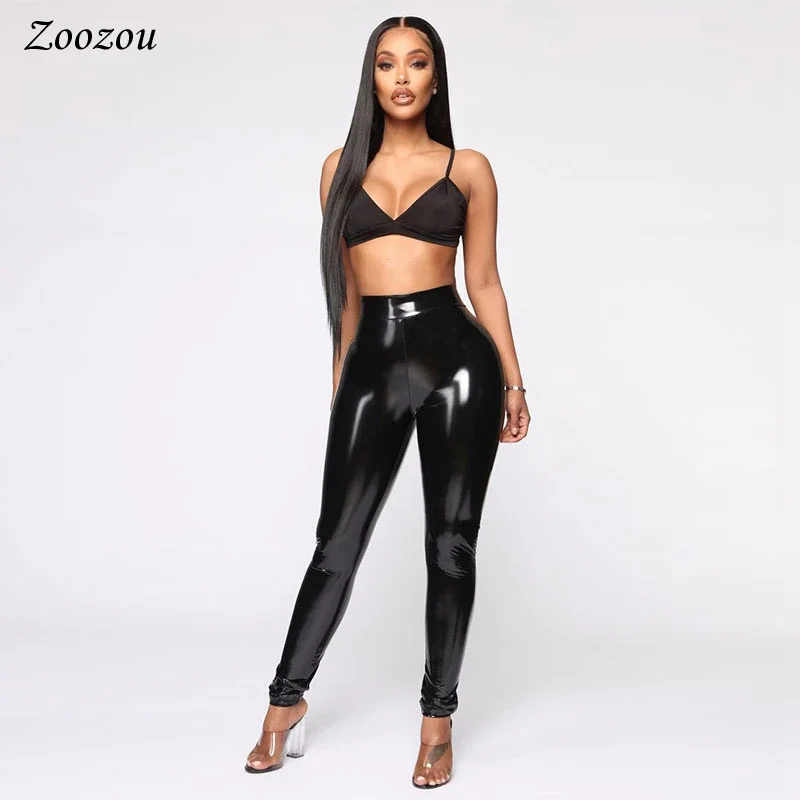 Sexy Latex Pu Leather Pants Leggings Outfit Women Black High Waist