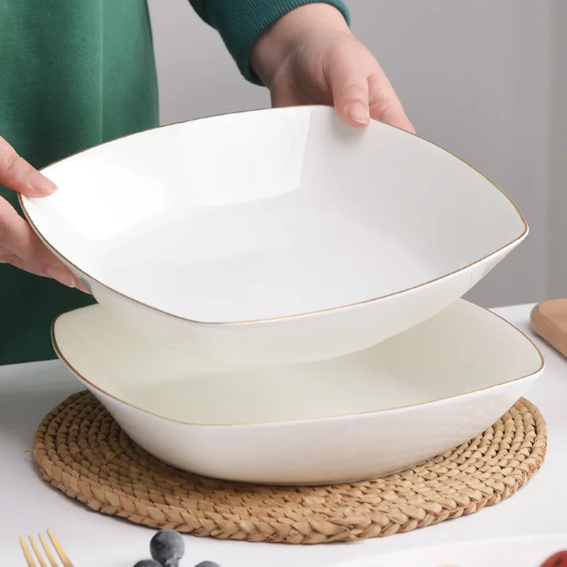 

White tableware 10inch Phnom Penh large plate home bone deep soup plate square ceramic dish plate large capacity plate sets