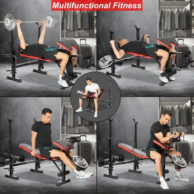 6 in 1 660lbs Weight Bench Set with Bench Press Set with Barbell Rack，Adjustable Incline Strength Training Workout Bench 6