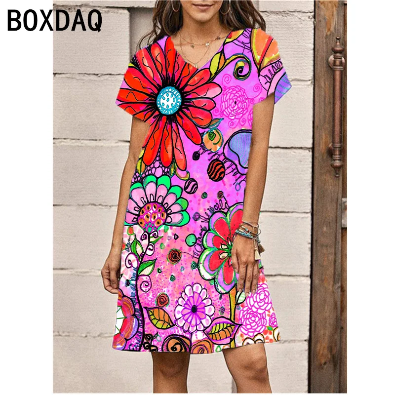 

Винтажное элегантное женское платье с цветочным принтом, новинка 2024, летнее свободное богемное пляжное платье до колен, женские повседневные платья-трапеции