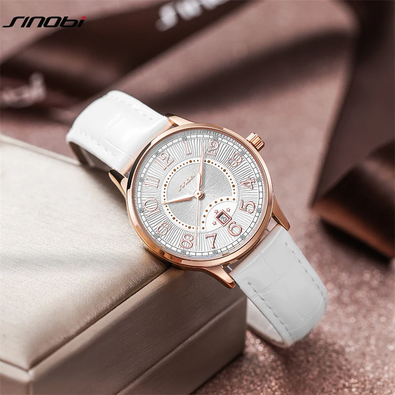 SINOBI Fashion White Leather Strap Woman Watches Original Design Calender Women's Quartz Wristwatches Gifts Clock For Ladies 2