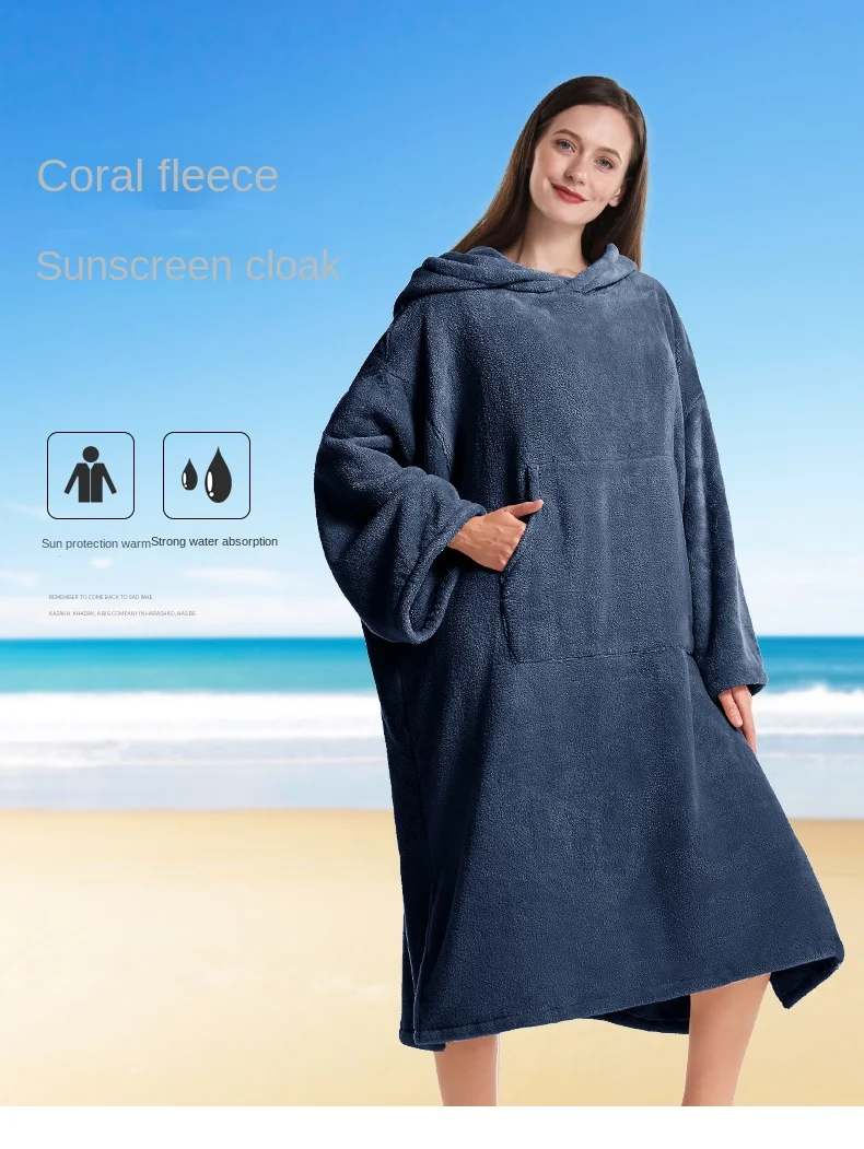 Description Picture 2 of itemBath Towel Thickened Hooded Beach Changing Robe Poncho New Plus Size Quick Dry Towels Home Thermal Pajamas Bathrobes for Adults