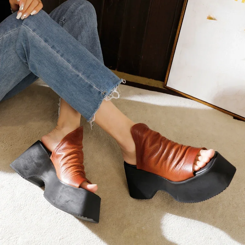 

Krasovki 10cm Ethnic Genuine Leather Summer Round Sandals Ladies Women Platform Wedge Shoes Spring Luxury Hook Slipper Mary Jane