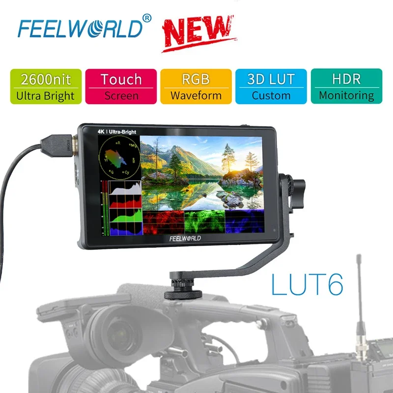 FEELWORLD LUT6 Monitor 6 Inch 2600nits 3D LUT HDR Touch Screen on DSLR Camera Field Monitor 3G-SDI 4K with Waveform