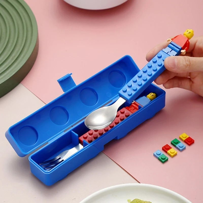 Children Building Block Fork Spoon Set With Storage Box Children Stainless Steel Tableware Jigsaw Toys Utensils Gifts stainless steel cutlery set fork spoon set baby cutlery