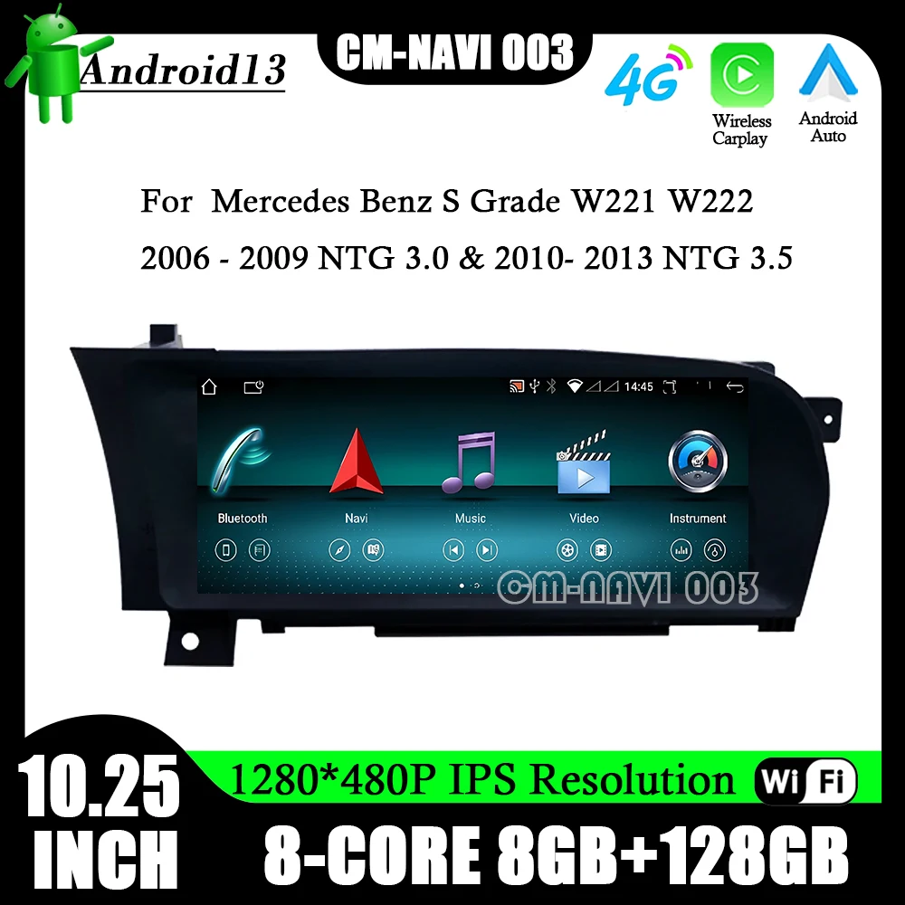 Android 13 For Mercedes Benz S Grade W221 W222 2006 - 2009 NTG 3.0 & 2010- 2013 NTG 3.5 Car Radio Carplay Navigation GPS 10.25