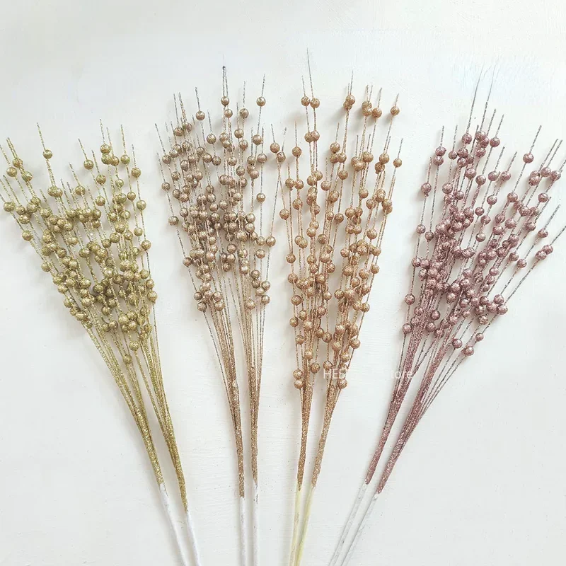 Artificial Christmas Berry Flowers, Golden Branch, Fake Plants Stem, Tree Wreath, DIY Home Decor, Table Craft Gifts