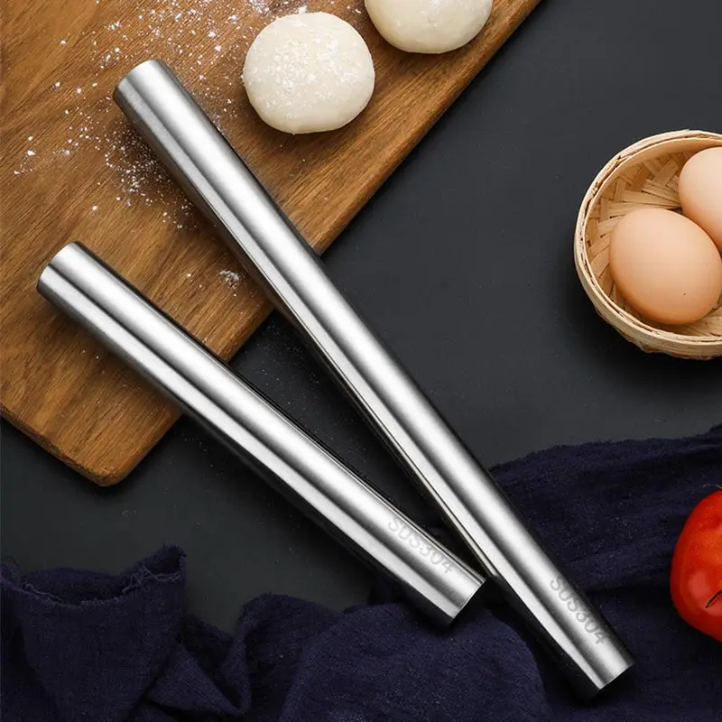 Sb538de032a234b048fc9189eb9fd5f6cI Solid Heart 304 Stainless Steel Rolling Pin Cake Roller Dough Bakeware Rolling Pin Pizza Noodles Making Non-stick Rolling Pin