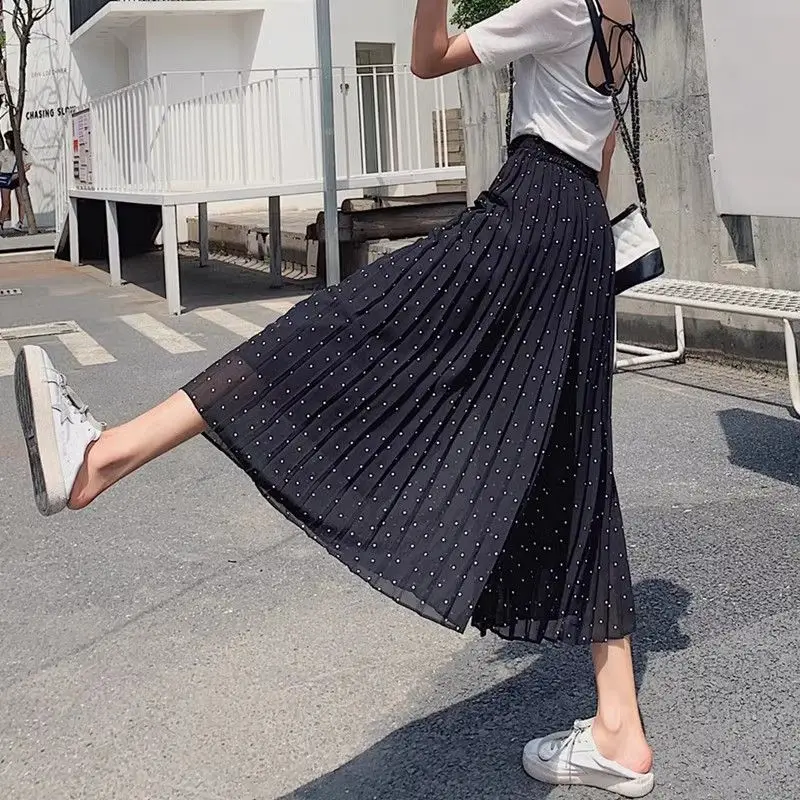 Women's Spring Summer Solid Polka Dot Shirring Wide Leg Casual Loose Elastic High Waisted Sports Trousers Office Lady Pants