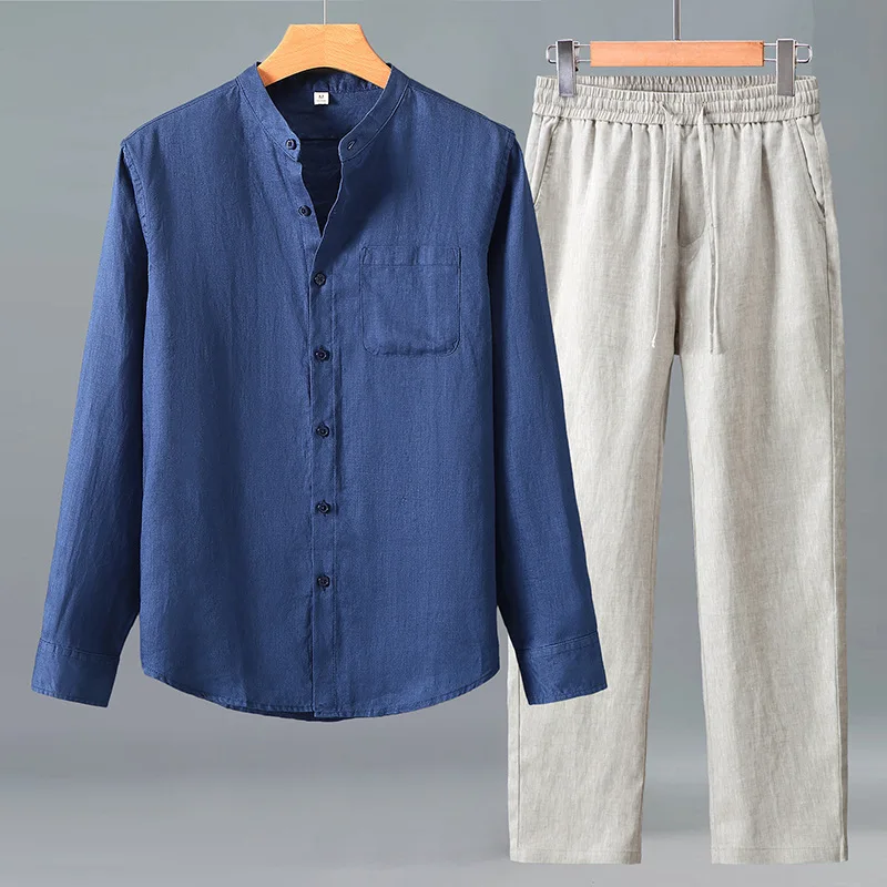 Herren 100% Reines Leinen Langarm-Hemd im Chinesischen Stil Lässige Weite Hose Set Frühling Herbst Atmungsaktives Zweiteiler-Outfit – Detail 5