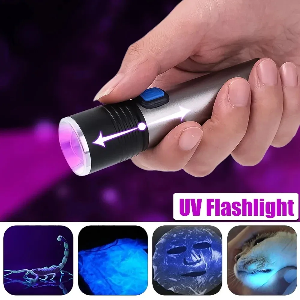 Description Picture 3 of itemHigh Power 395nm UV LED Flashlight USB Charge Zoomable Torch Waterproof for Emergency Ultraviolet Urine Detector Light