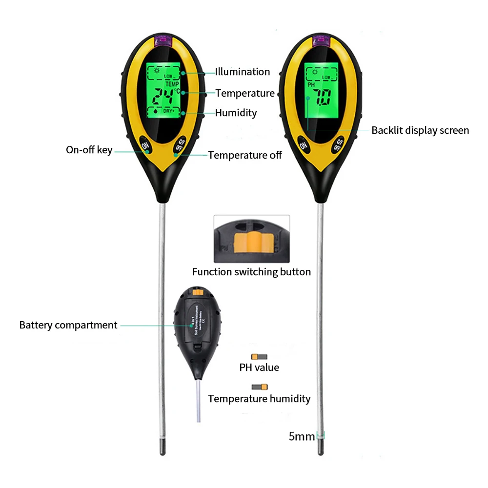 Soil PH Meter Tester Soil Tester Meter Moisture Monitor Temperature Sunlight for Gardening Plants Farming With Blacklight