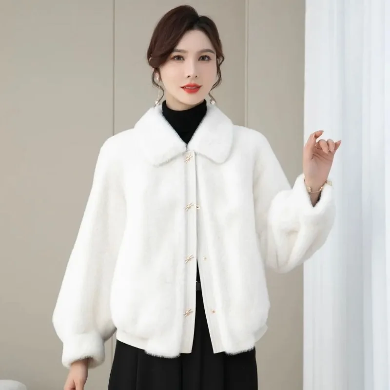 Middle-Aged Women Temperament Mink Fur Coat Winter New Female Fashion Short Pure Color Faux Fur Outcoat Casual Warm Outerwear