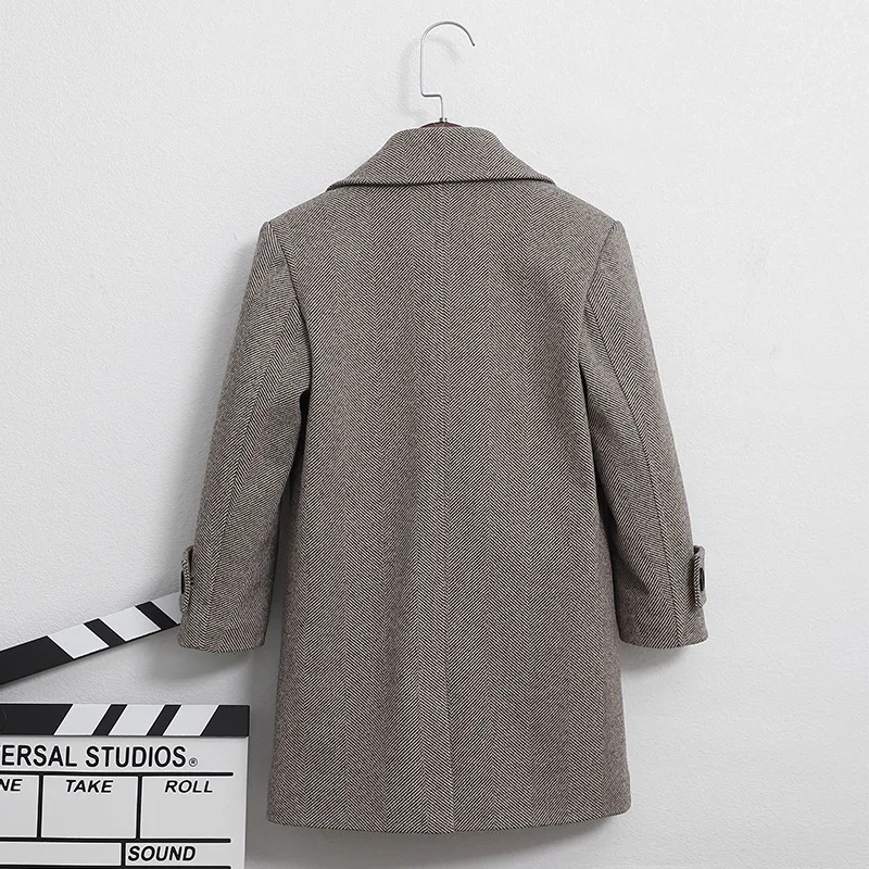 Boys Woolen Blends Coats For Autumn Winter New Fashion Solid Plus Cotton Warm Turn Collar Long Outerwear Children's Clothes