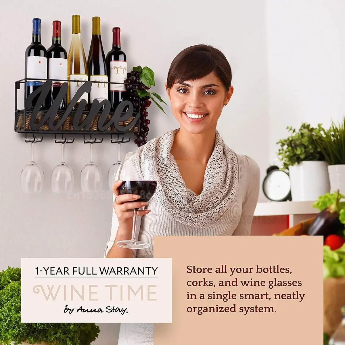 Wall Mounted Iron Wine Rack 4 Hooks Wine Glass Holders Metal Rack Bottle Champagne Shelf with Extra Cork Tray
