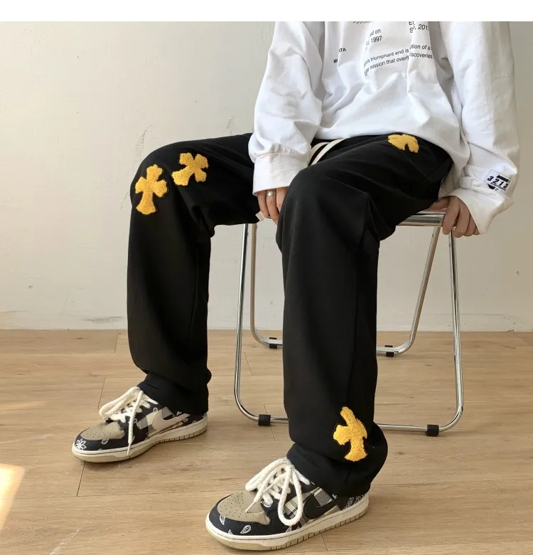 orange sweatpants Embroidered Cross Pattern Harem Pants for Teens Fashion Trends Streetwear Male Jogger Casual Drawstring Sweatpants Mens Clothing red sweatpants