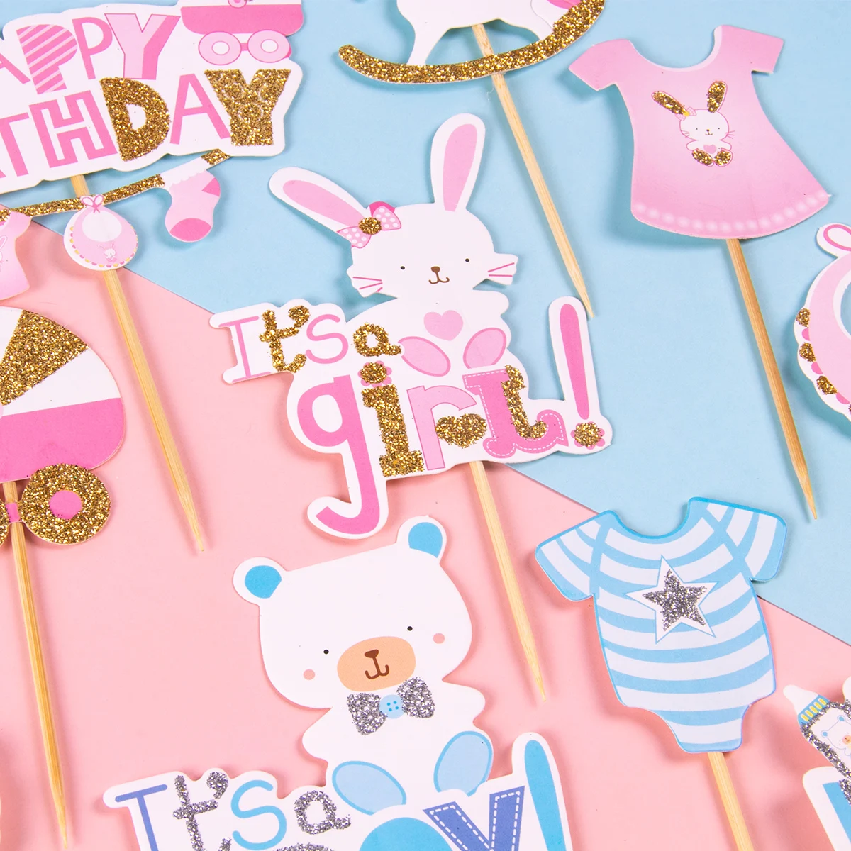 32 Toppers Per Cupcake Gender Reveal - Decorazioni Torta Rosa E Blu Con Stuzzicadenti - Per Feste Battesimo - Foto 12