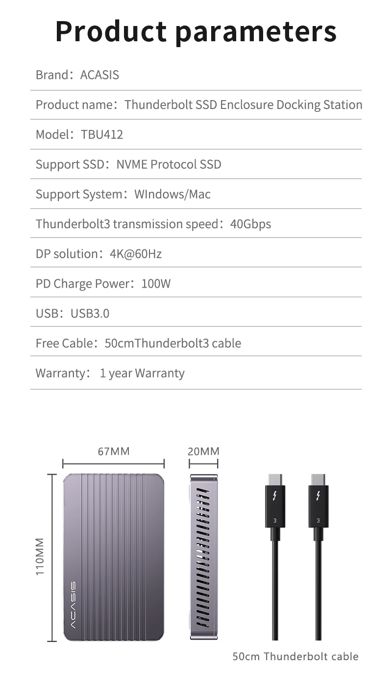 usb hdd enclosure Acasis Thunderbolt 3 40Gbps NVME M.2 SSD Enclosure 2TB Aluminum USB C with 40Gbps Thunder Bolt Thunderbolt 3 For Macbook hdd case usb 3.0