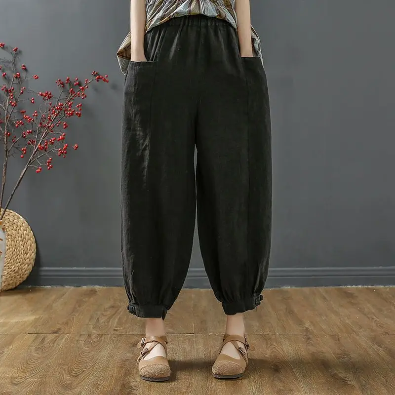 Solid Color Patchwork 2023 New Elastic Waist Ladies Fashion Loose Women's Clothing Casual Pocket Summer Thin Cotton Harem Pants ladies pants loose large size daddy pants nine points harem pants women s jeans thin straight pants