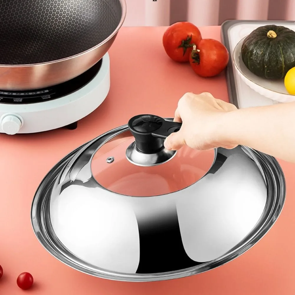 28/30/32/34/36/38CM Stainless Steel Visible Pot Lid Universal Anti-scalding Wok Cover Black Plastic Knob Heat Resistant stainless steel pot lid