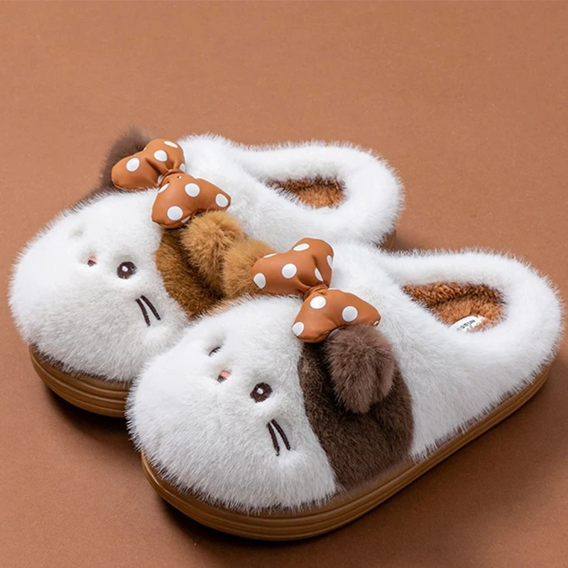 Cartoon Cat Cotton Slippers for Women Cute Pink Fluffy Indoor Women's Home Slippers Winter 2025 Thick Sole Anti Slip Shoes Woman