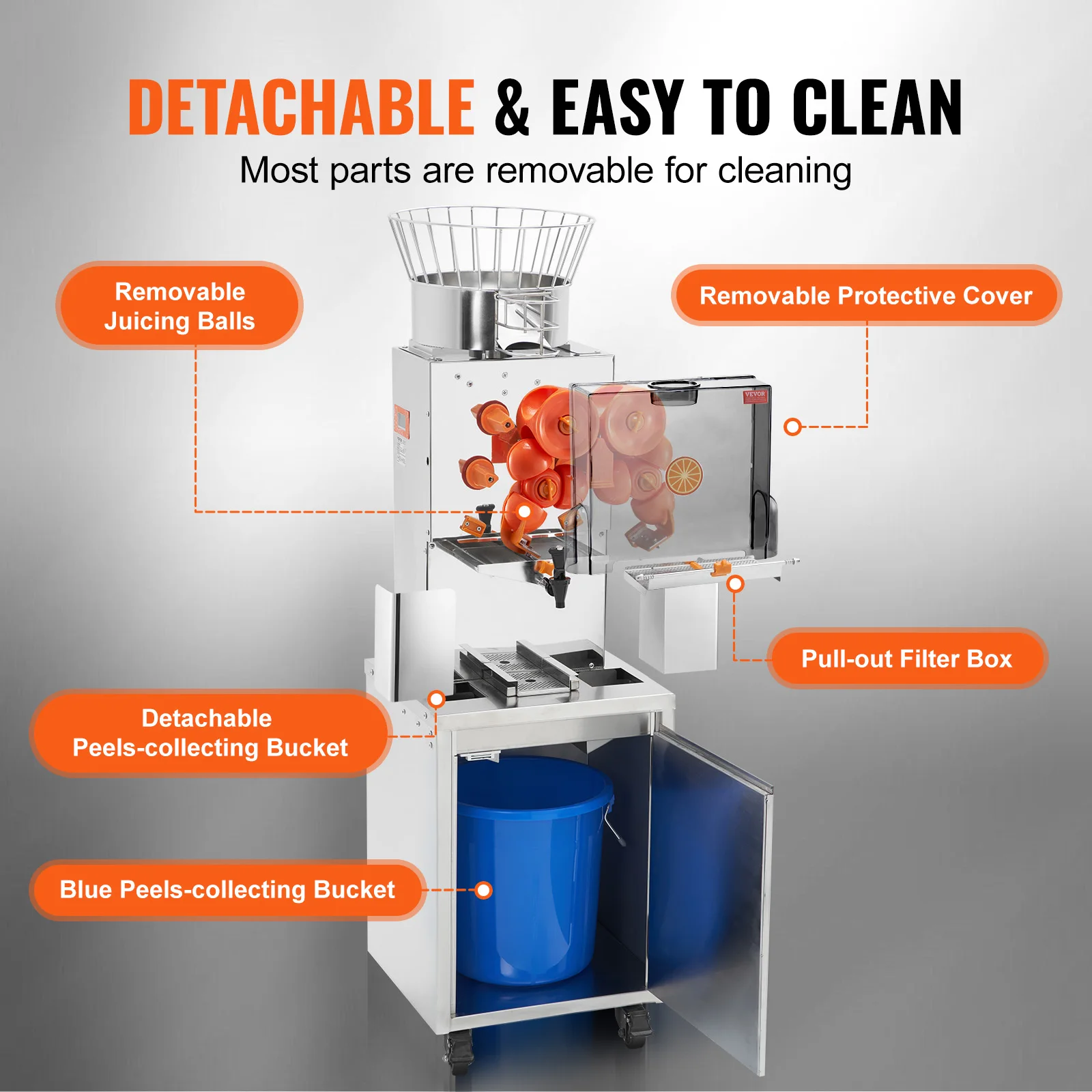 VEVOR Commercial Orange Juicer, 120W Automatic Feeding Juice Extractor w/Water Tap, tainless Steel Juicer Machine 25 Oranges/Min 5