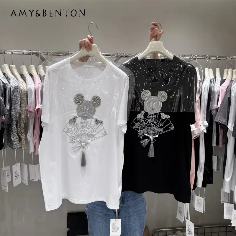 

Potdemiel Machine Embroidery Half Sleeve Top 2024 Loose Cotton National Style New Chinese Oversize T-shirt Long White Tees Women