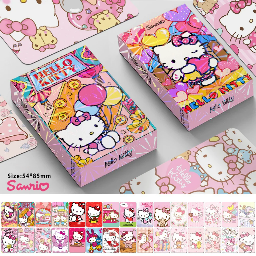 30pcs/Box Sanrios Hello Kitty Card Kawaii Kuromi Cute Little Laser Cards Classic Postcard Souvenir Collection Girl Birthday Gift