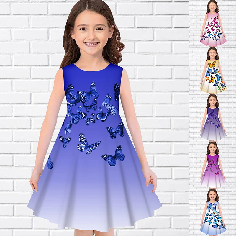 baby boy dress 2022 Summer Girls 3D Print Dresses Kids Girl Party Sleeveless Princess Dress Tank 3D Print Pretty Gradients Butterfly Dress children dress