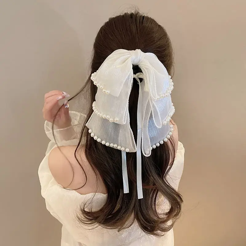 여성용 우아한 나비 매듭 진주 머리 집게, 섬세한 머리핀 바레트, 포니테일 클립 머리 장식, 한국 스타일 헤어 액세서리
