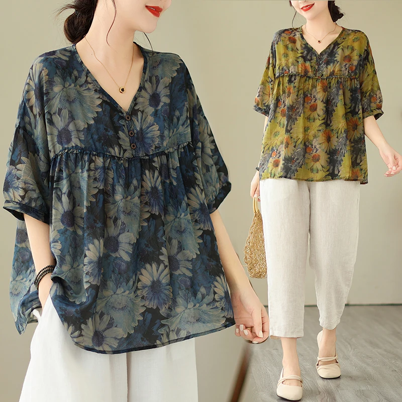 

Женская винтажная блузка в стиле пэчворк, Свободная Повседневная Блузка с цветочным принтом, V-образным вырезом и коротким рукавом, S103, лето 2024
