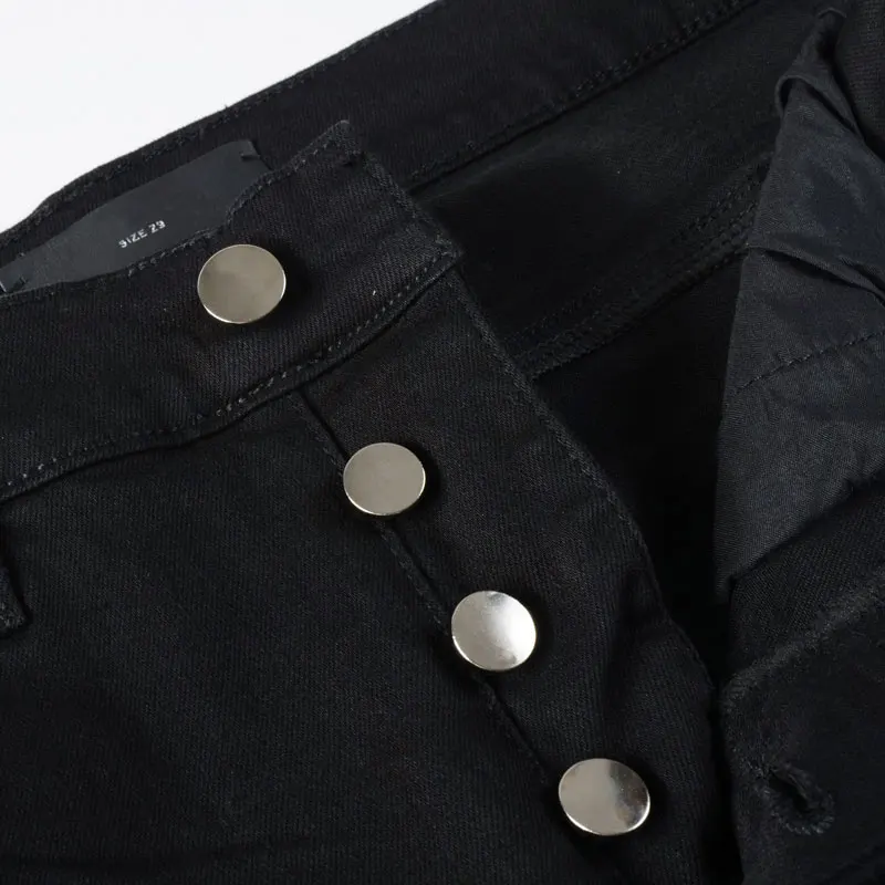 High Street Fashion Men Jeans Black Stretch Skinny Fit Buttons Fly Ripped Jeans Men Leather Patched Designer Hip Hop Brand Pants
