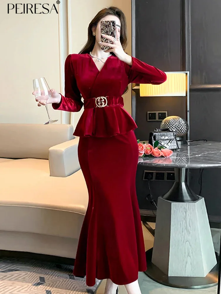 

Женское бархатное платье-Русалка PEIRESA, с V-образным вырезом, оборками и длинным рукавом, длинное облегающее платье с поясом на осень