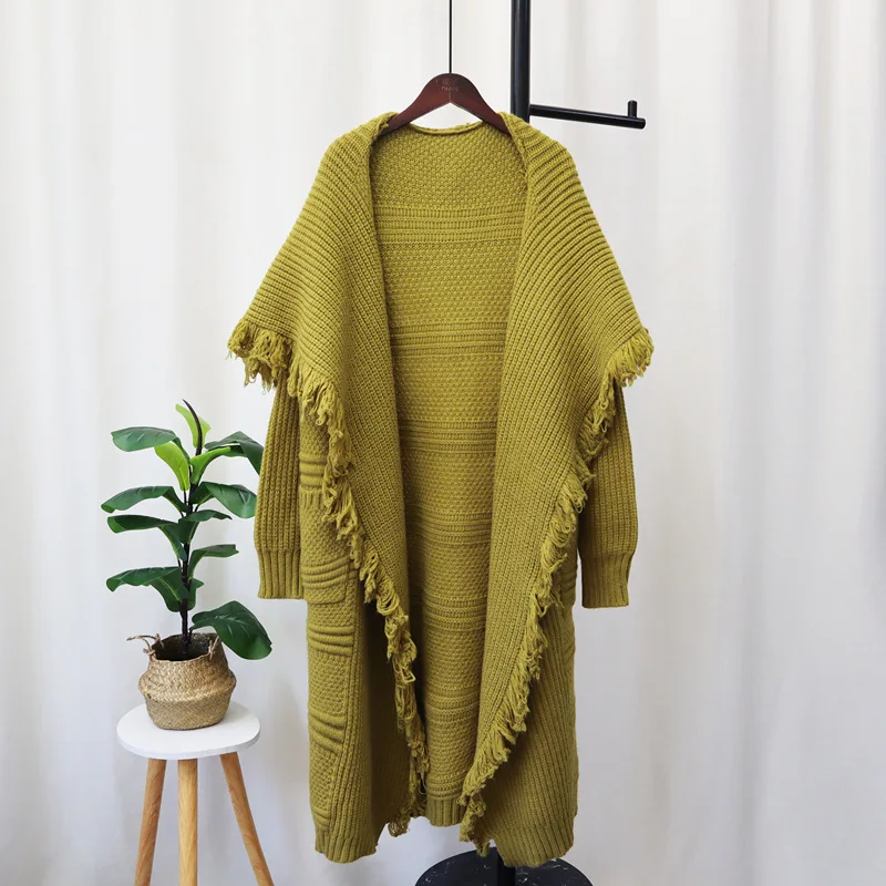 

Green Color Tassel Knitting Women Long Cardigan Full Sleeves Loose Casual Strechy Jumper Y2k Clothes