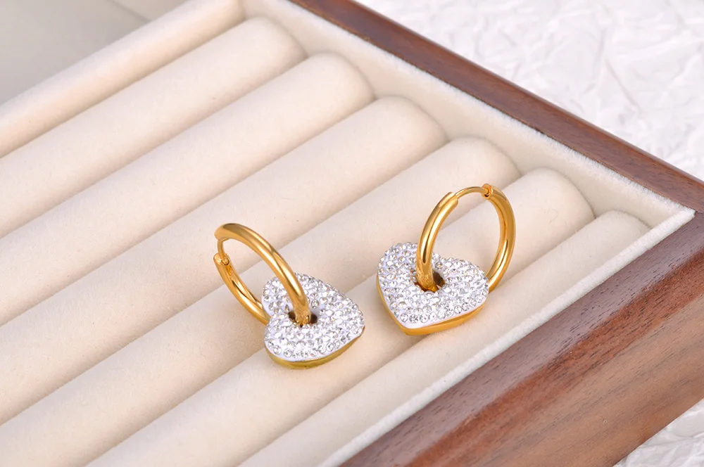 JeeMango Schwarz/weiße Strass-Herz-Creolen für Damen, Edelstahl-Hochzeitsohrringe für Bräute, серьги женские E23072 – Detail 2