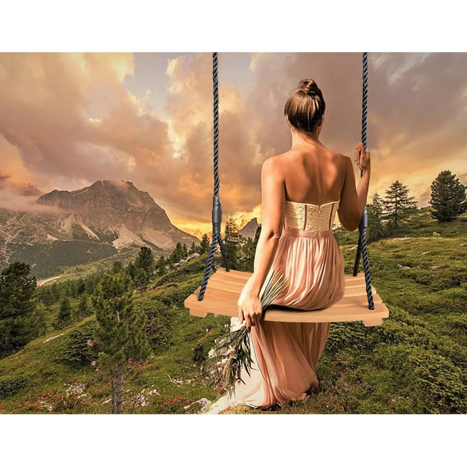 Wooden Swing Seat Hanging Tree Swing Outdoor Wood Swing Set Accessories with Height Adjustable Nylon Hanging Rope 5