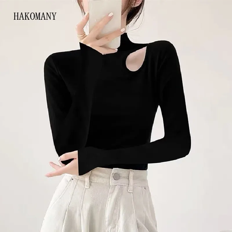 

2023 Women Half High Collar Long sleeve T-shirt Skinny Slim Tee Hollow Out Shoulder Cut out Base T-shirts Spring Autumn 4 colors
