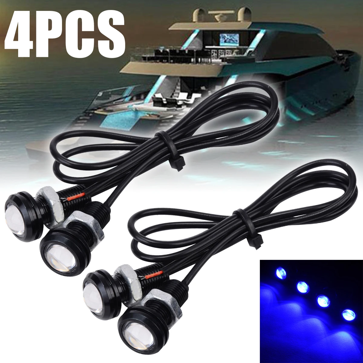 4pcs 12V 10W Blue LED Boat Light Waterproof Outrigger Spreader Transom Under Water Troll Lamp For Marine Underwater Fish