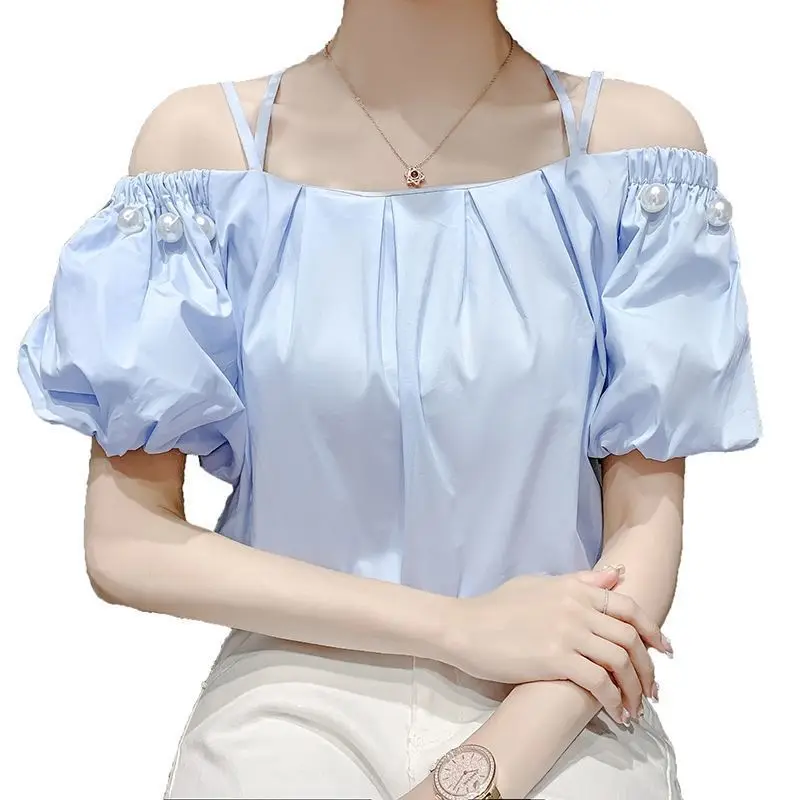 2023 New Summer Fashion Commuting Versatile Off Shoulder Beaded Lantern Sleeves Loose Temperament Sweet Women's Strap Shirt