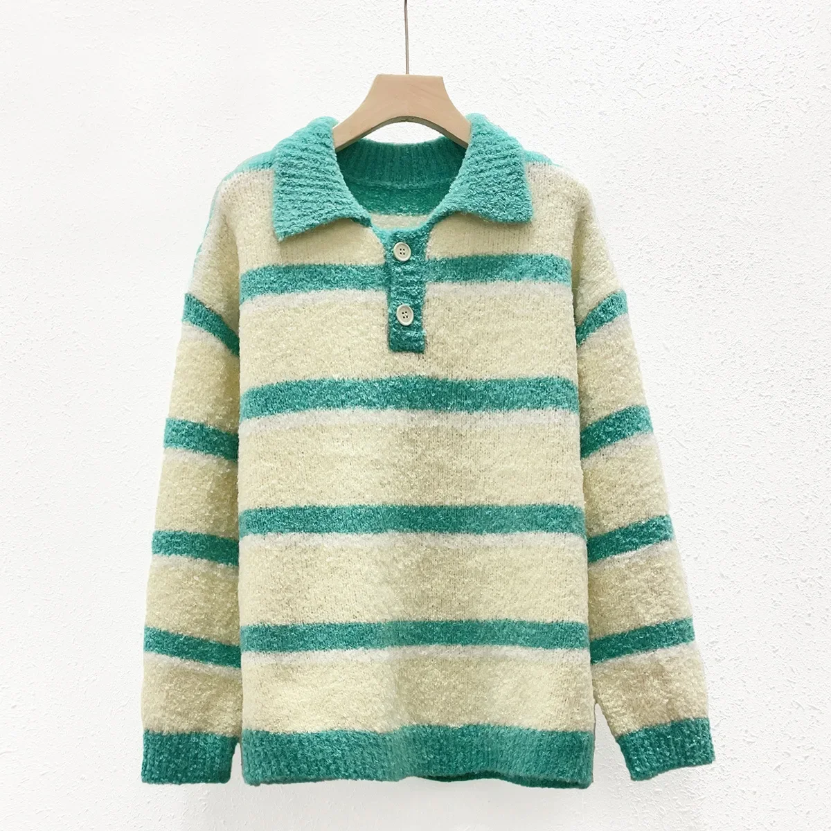 

Women Striped Soft Casual Loose Vintage Sweater Knitted Jumper 2023 Autumn Winter Pullover Green College Polo Style Knitted Tops