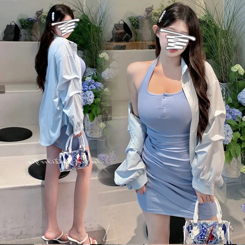한국 스타일 임산부 의류 세트, 우아한 홀터 칼라, 민소매 원피스 긴팔 셔츠, 트윈셋 임신 정장, 2024 여름
