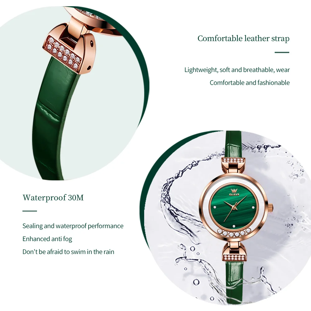OLEVS Quartz Watch for Women Luxury Leather Strap Inlay Diamond Dial Waterproof Fashion Elegant Women's Wristwatches Reloj Mujer