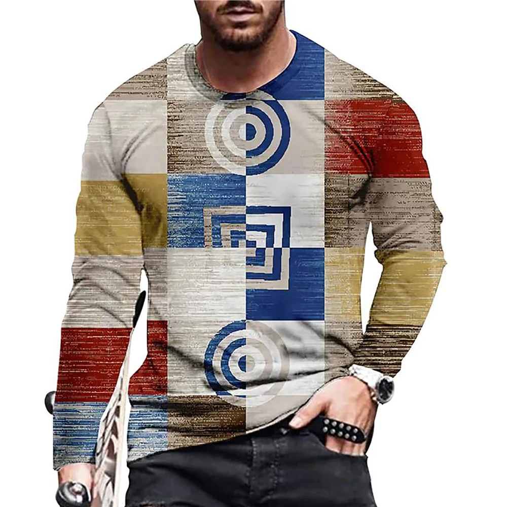 

Vintage Men's Long Sleeve T-shirts 3d Printed Color Block Long T Shirt For Men Street O Neck Pullover Oversized Tee Shirt