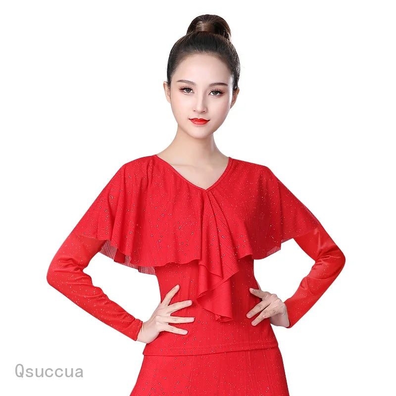 

Elegant V Neck Ruffle Pleated Dance Tops For Women Solid Color Slim Fit Long Sleeve Latin Ballroom