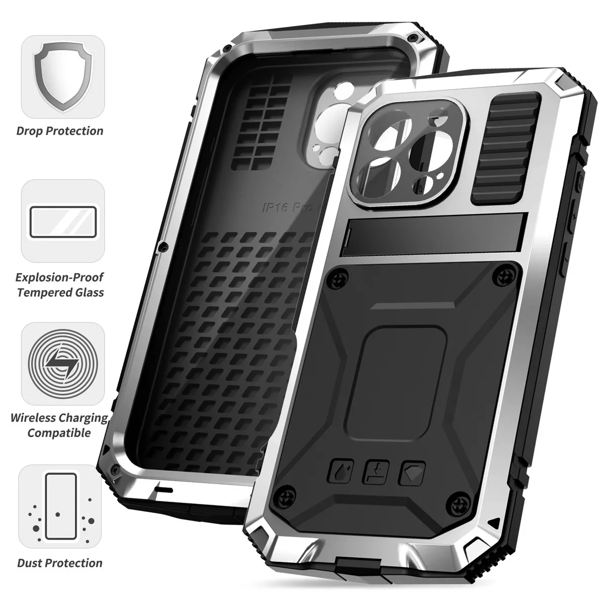 Premium 360° Metal Tempered Glass Rugged Shockproof Case with Kickstand and Camera Protector
