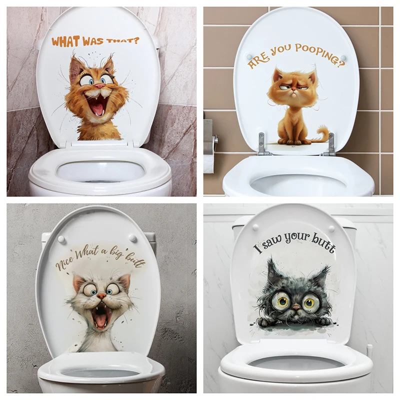 What Wa That? Cartoon Cat Toilet Sticker Bathroom Toilet Cover Sticker Wall Sticker WC Home BathRoom Decoration Decals S365